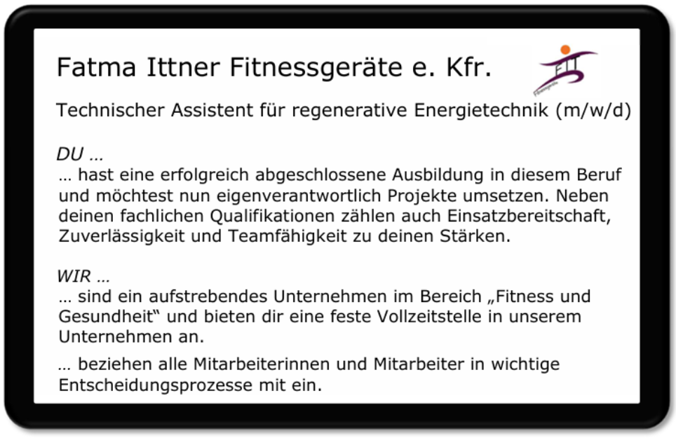 Stellenausschreibung: Fatma Ittner Fitnessgeräte, Technischer Assistent für regenerative Energietechnik.
